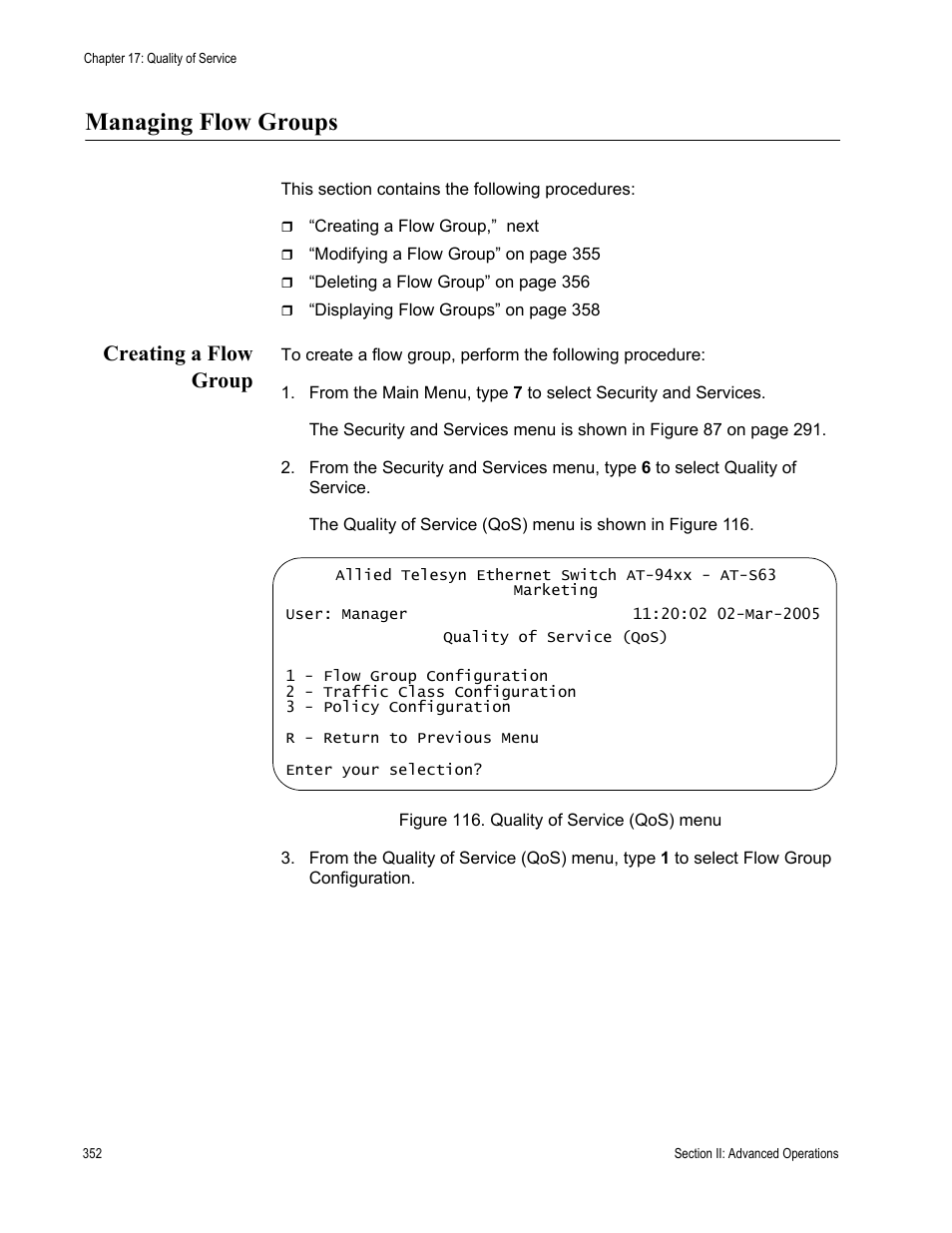 Managing flow groups, Creating a flow group, Figure 116: quality of service (qos) menu | Allied Telesis AT-S63 User Manual | Page 352 / 902