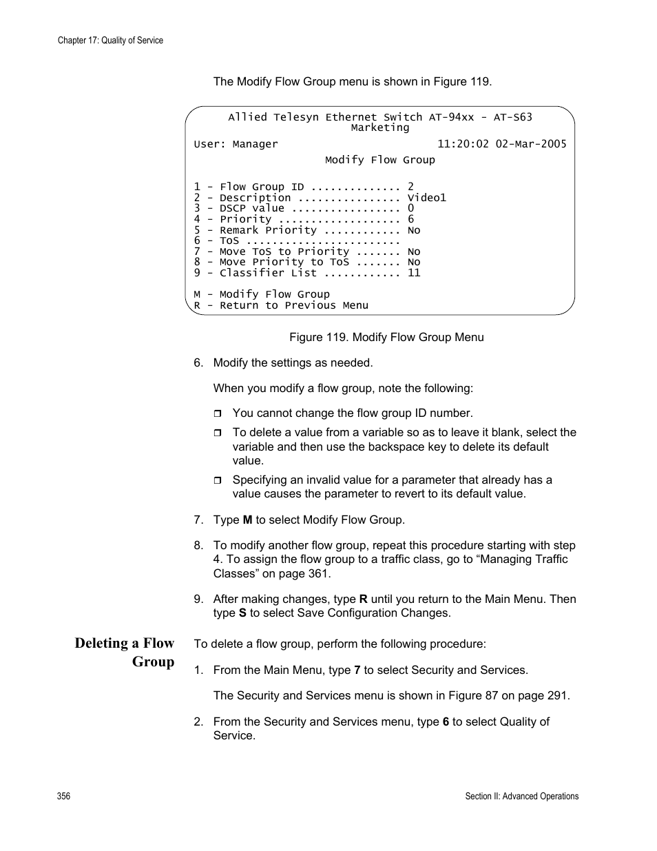 Deleting a flow group, Figure 119: modify flow group menu | Allied Telesis AT-S63 User Manual | Page 356 / 902