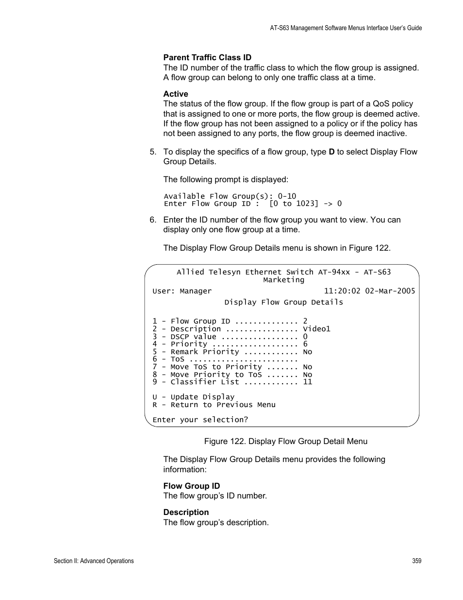 Figure 122: display flow group detail menu | Allied Telesis AT-S63 User Manual | Page 359 / 902