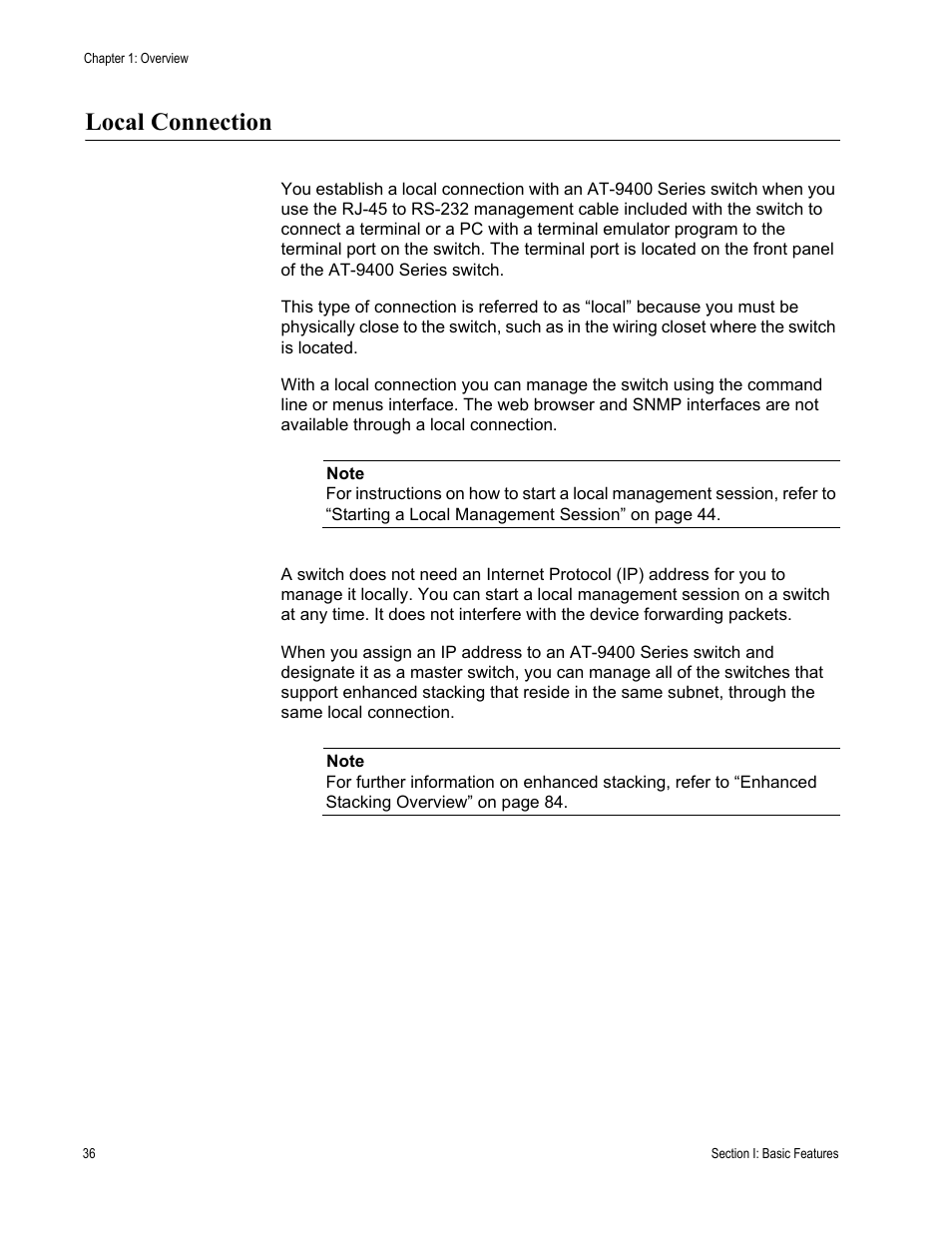 Local connection | Allied Telesis AT-S63 User Manual | Page 36 / 902