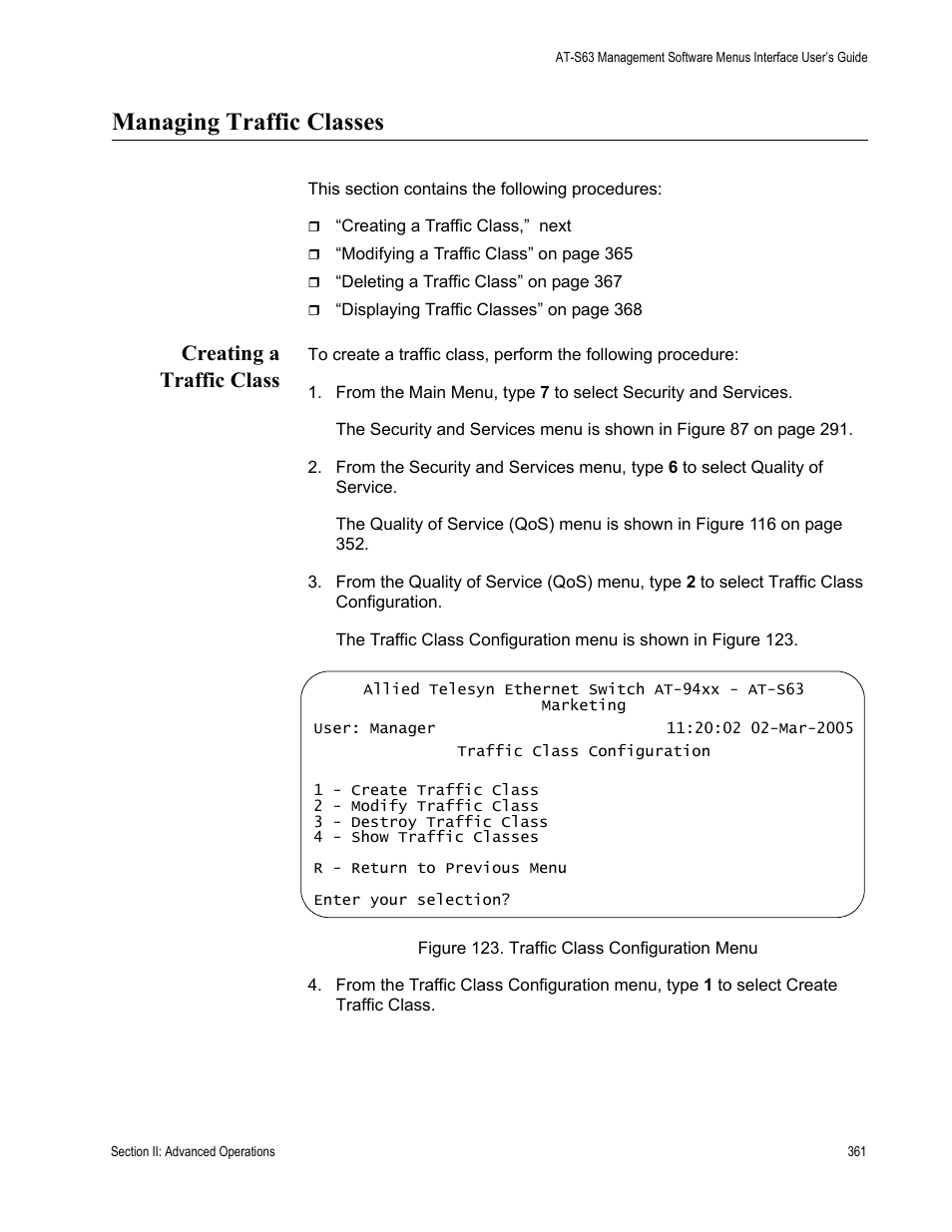 Managing traffic classes, Creating a traffic class, Figure 123: traffic class configuration menu | Allied Telesis AT-S63 User Manual | Page 361 / 902