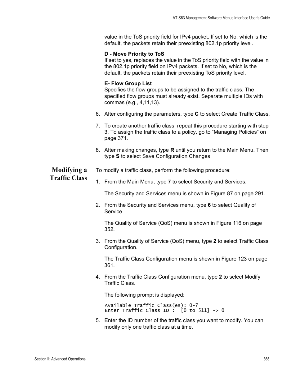 Modifying a traffic class | Allied Telesis AT-S63 User Manual | Page 365 / 902