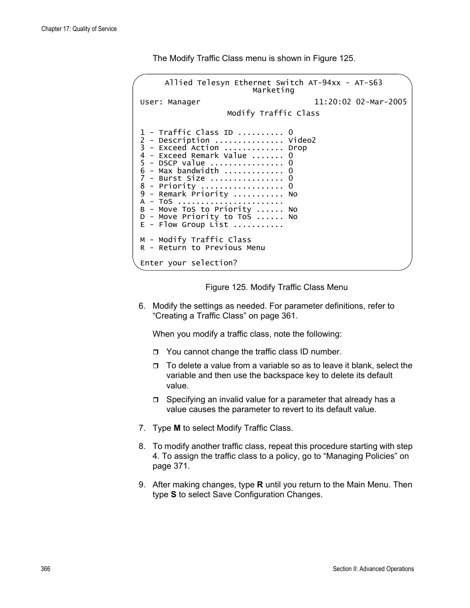 Figure 125: modify traffic class menu | Allied Telesis AT-S63 User Manual | Page 366 / 902