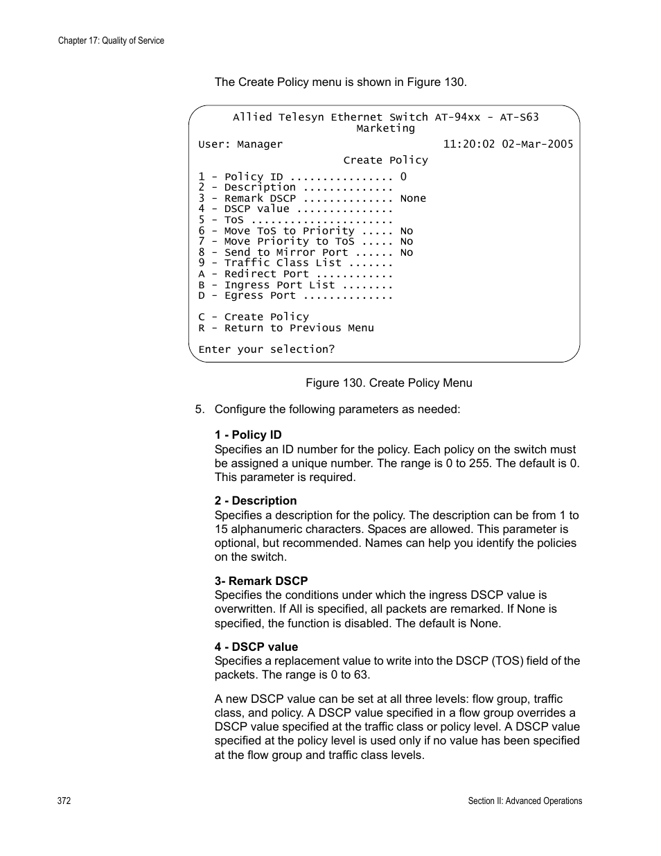 Figure 130: create policy menu | Allied Telesis AT-S63 User Manual | Page 372 / 902