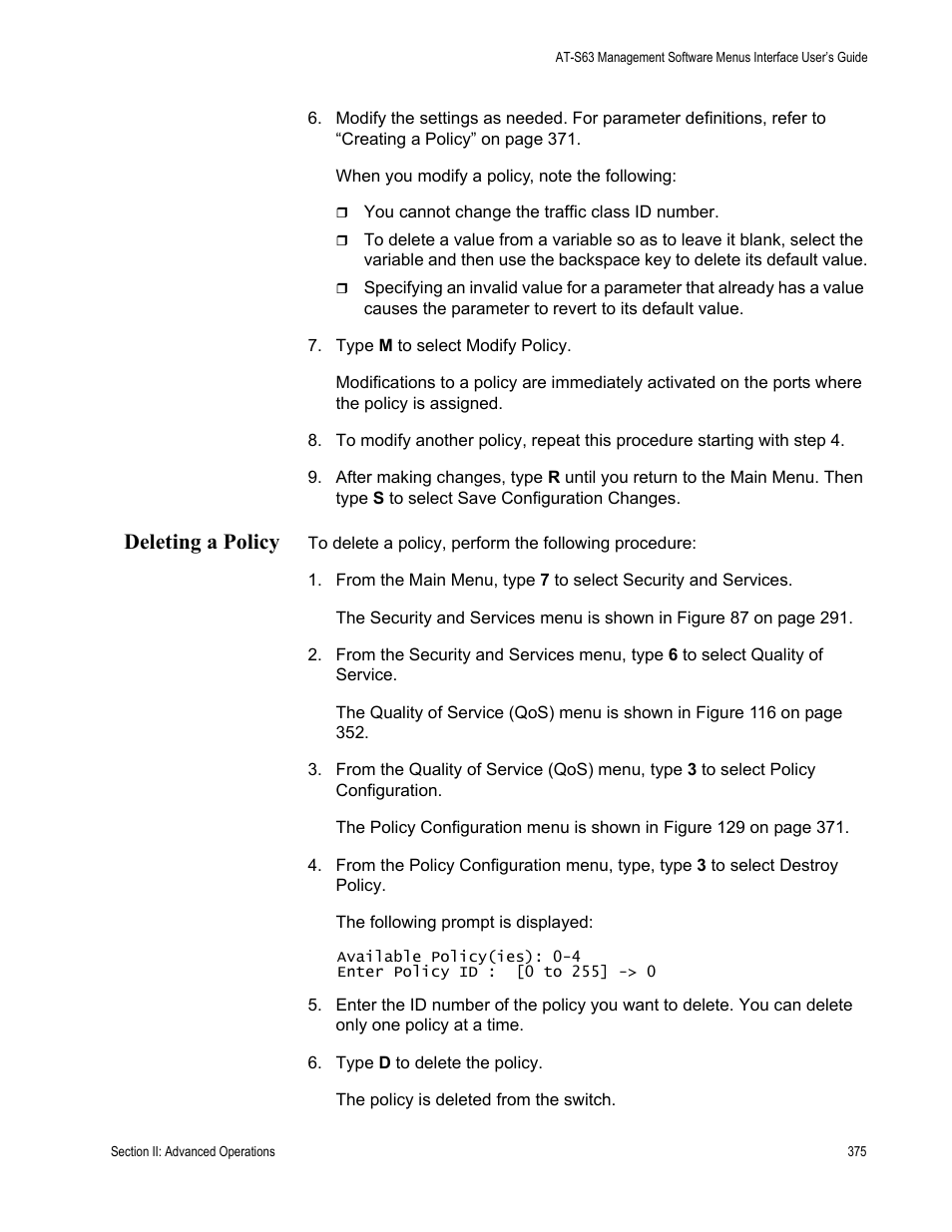 Deleting a policy | Allied Telesis AT-S63 User Manual | Page 375 / 902