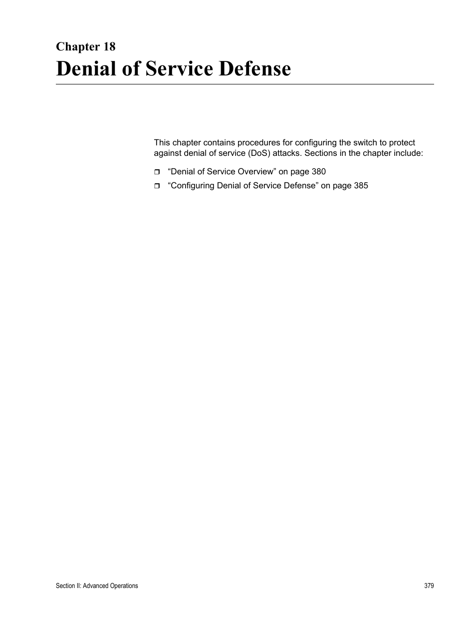 Chapter 18, Denial of service defense, Chapter 18: denial of service defense | Allied Telesis AT-S63 User Manual | Page 379 / 902