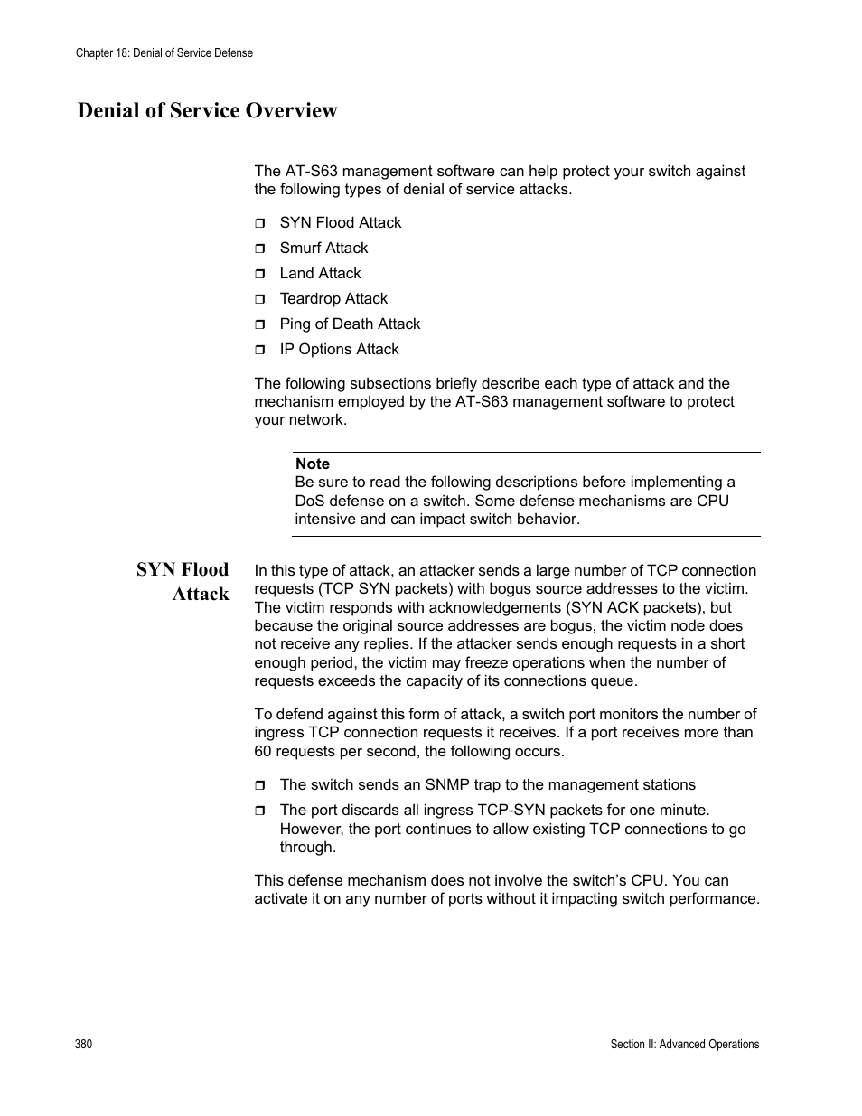 Denial of service overview, Syn flood attack | Allied Telesis AT-S63 User Manual | Page 380 / 902