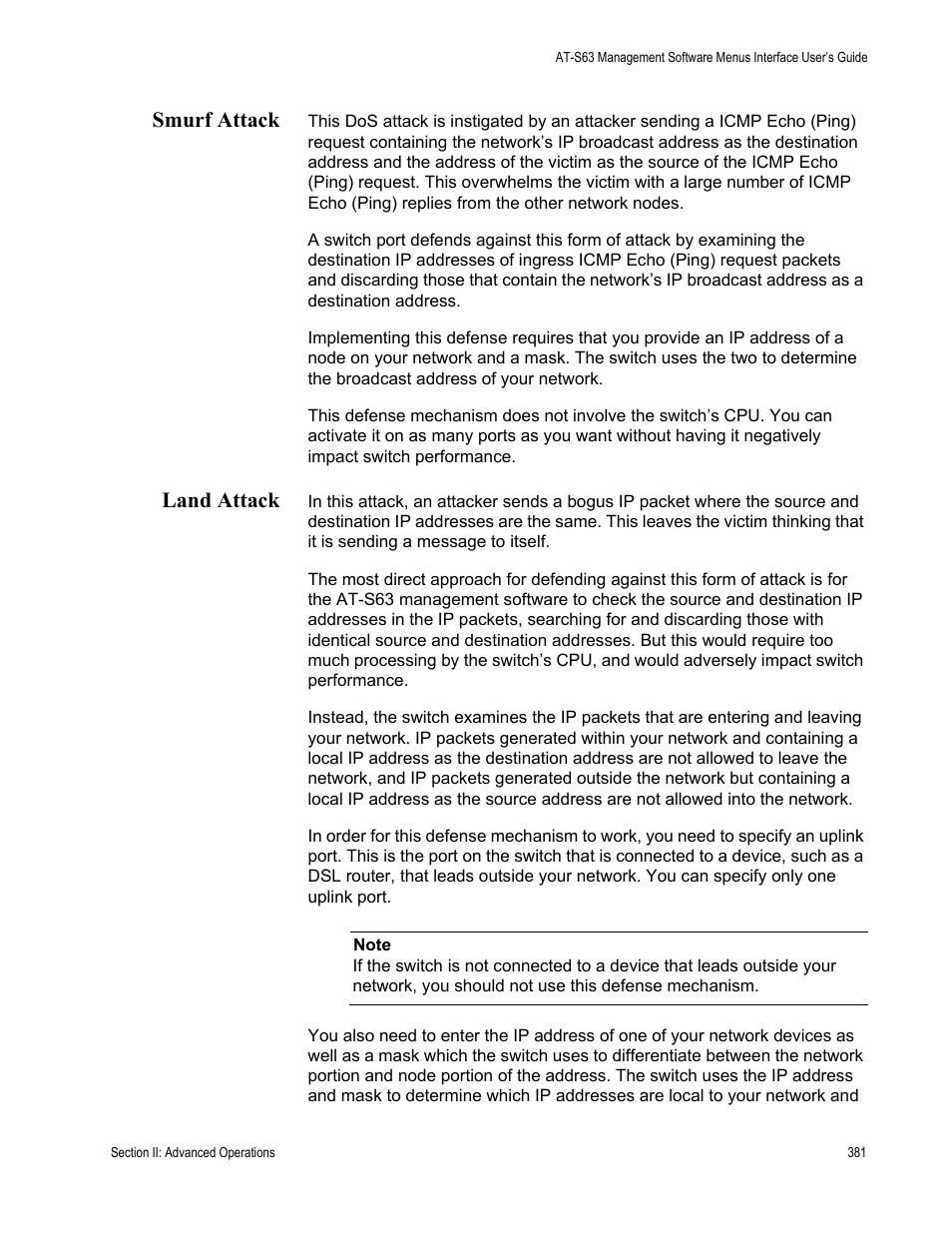 Smurf attack, Land attack, Smurf attack land attack | Allied Telesis AT-S63 User Manual | Page 381 / 902