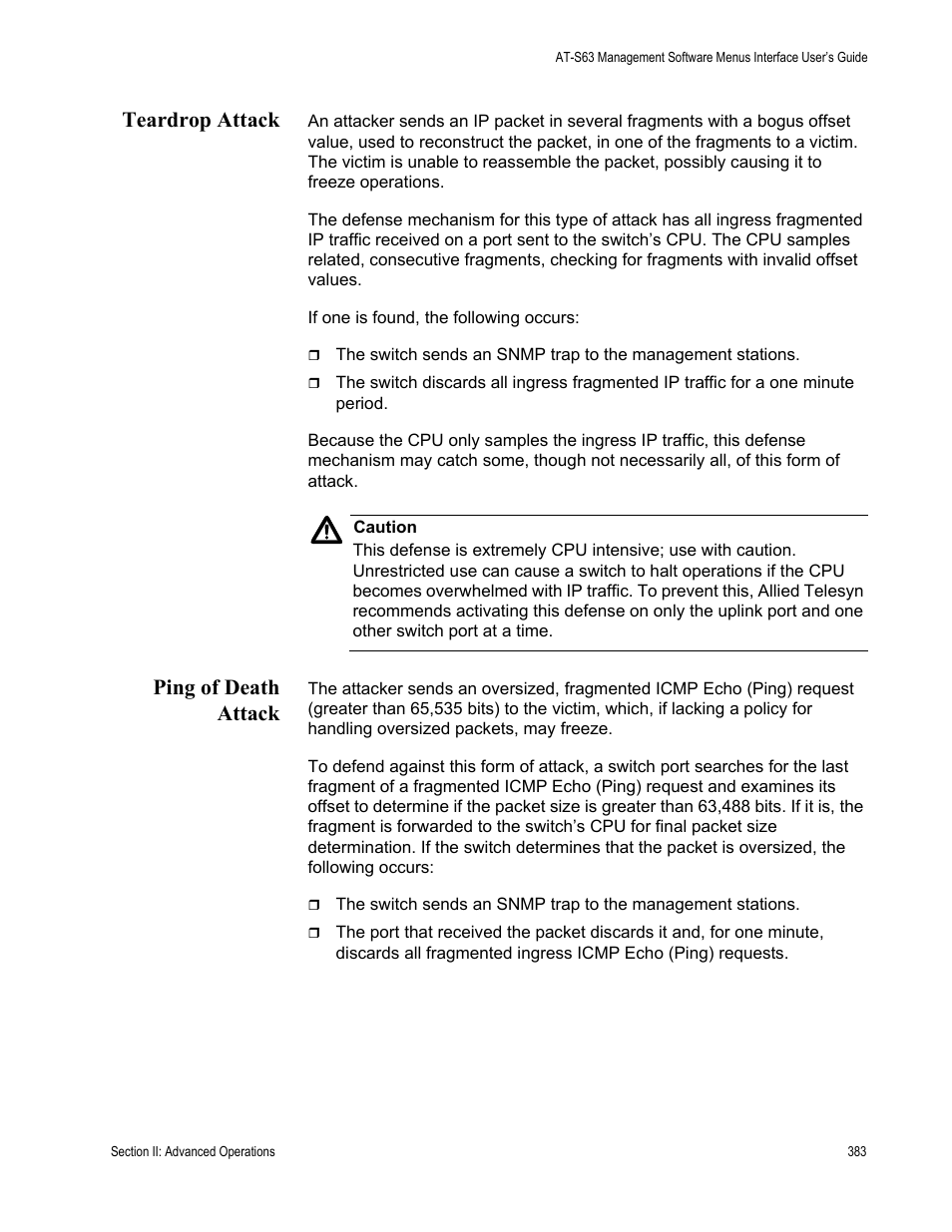 Teardrop attack, Ping of death attack, Teardrop attack ping of death attack | Allied Telesis AT-S63 User Manual | Page 383 / 902