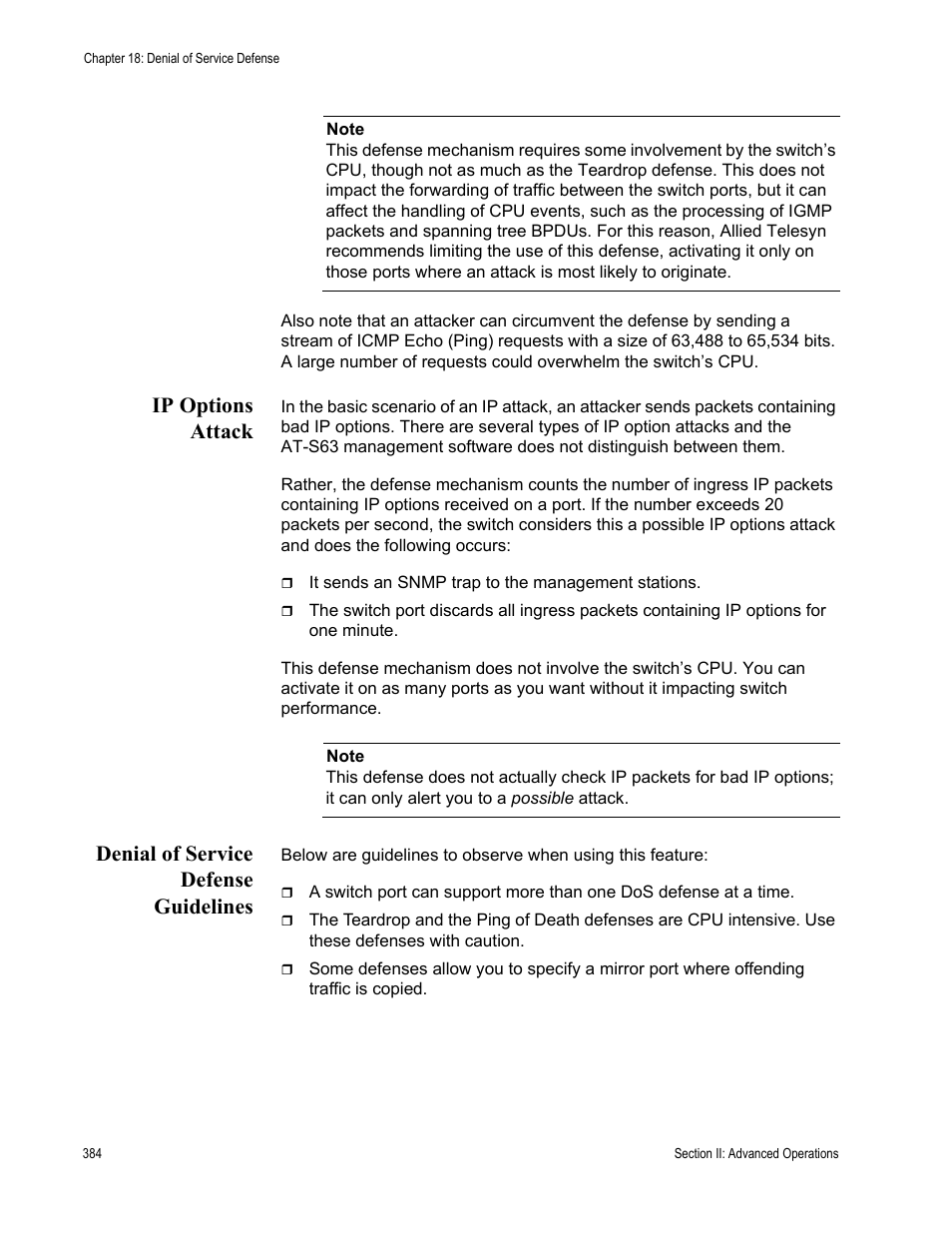 Ip options attack, Denial of service defense guidelines | Allied Telesis AT-S63 User Manual | Page 384 / 902