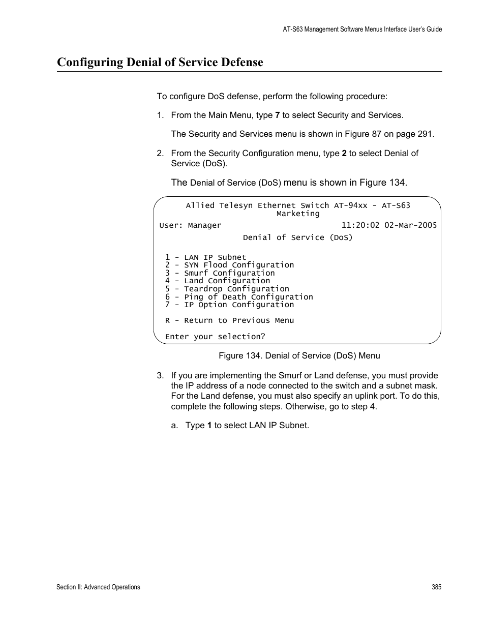 Configuring denial of service defense, Figure 134: denial of service (dos) menu | Allied Telesis AT-S63 User Manual | Page 385 / 902