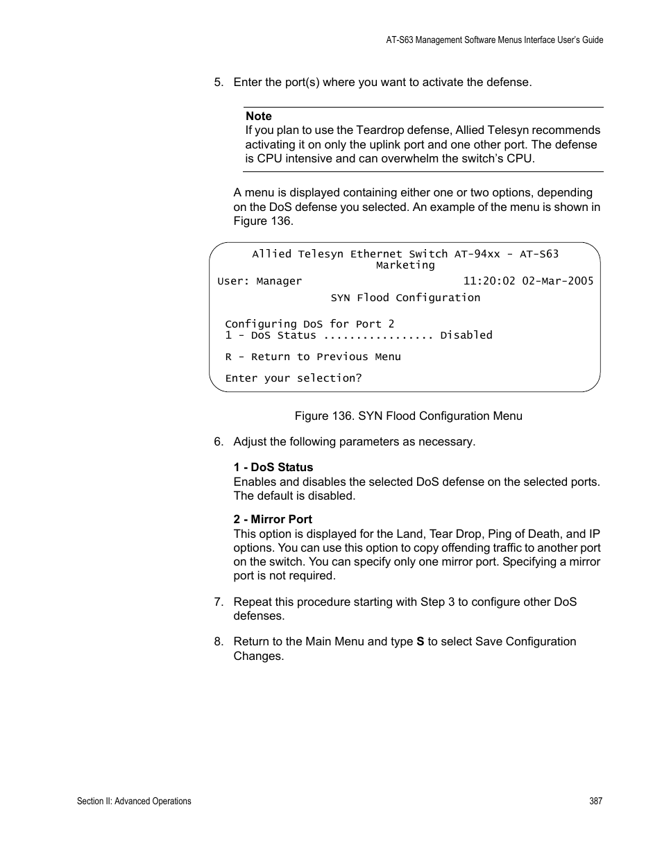 Syn flood configuration menu | Allied Telesis AT-S63 User Manual | Page 387 / 902