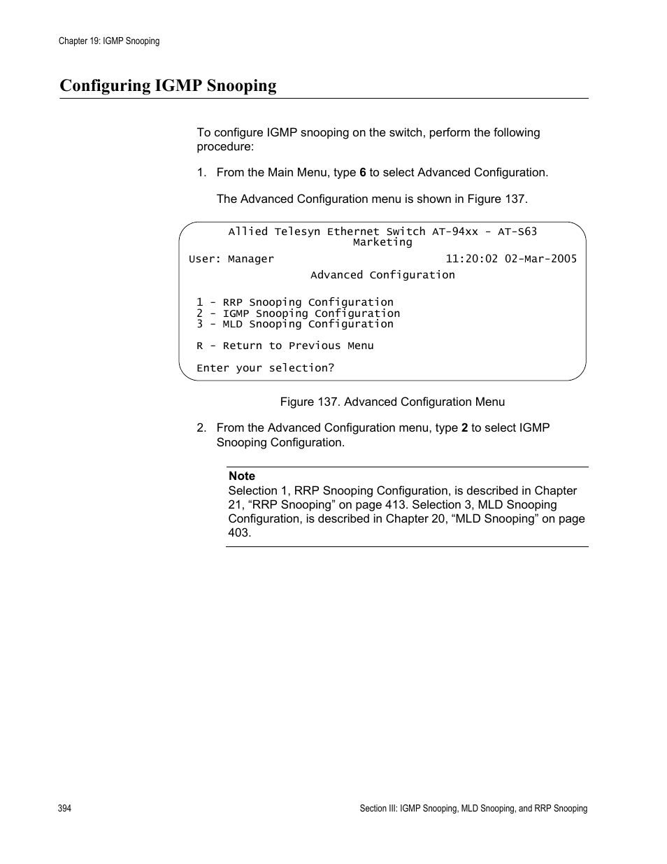 Configuring igmp snooping, Figure 137: advanced configuration menu | Allied Telesis AT-S63 User Manual | Page 394 / 902