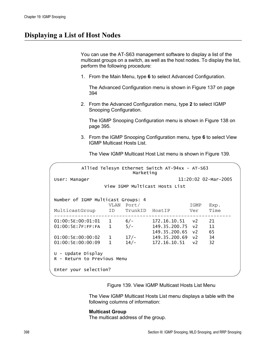 Displaying a list of host nodes, Figure 139: view igmp multicast hosts list menu | Allied Telesis AT-S63 User Manual | Page 398 / 902