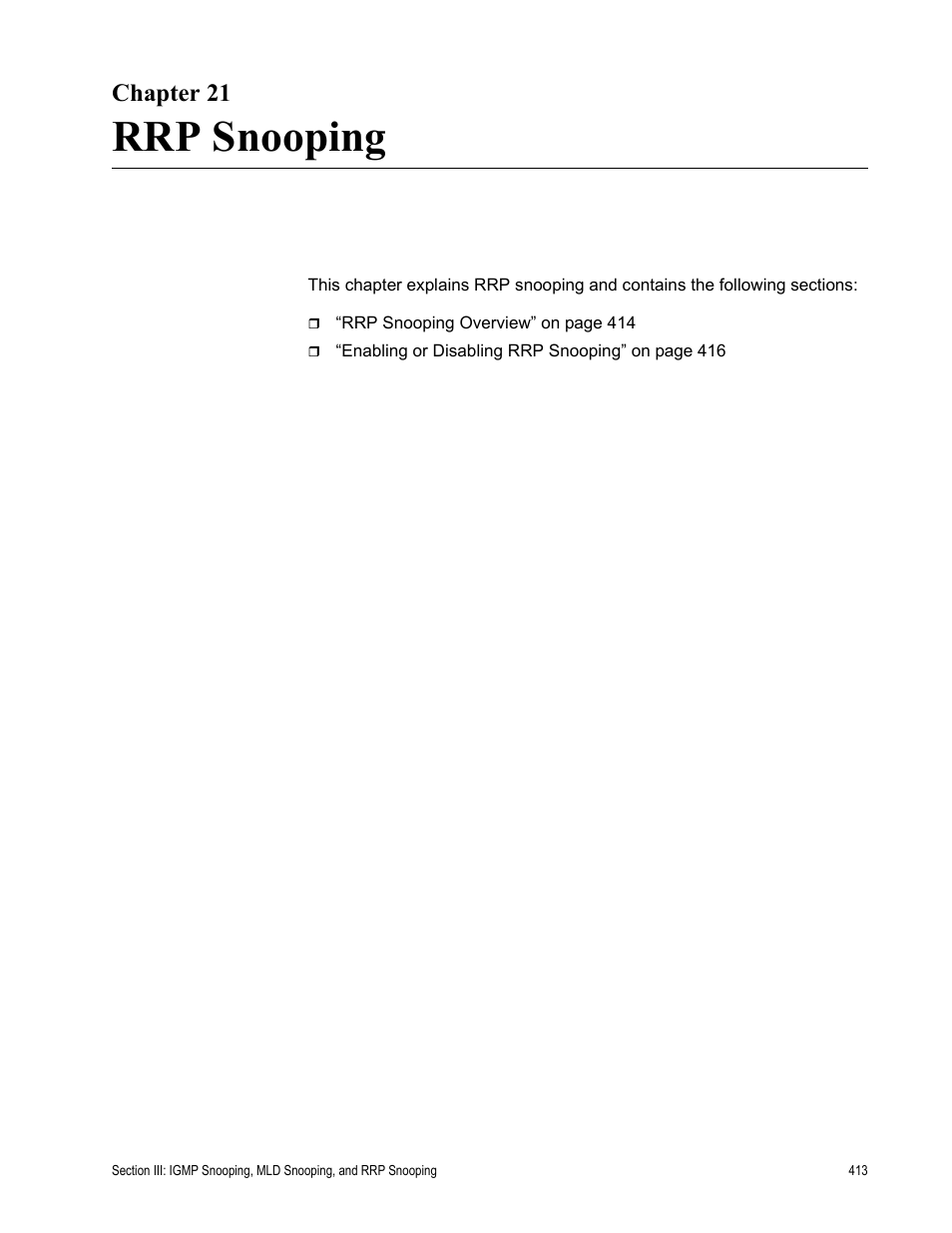 Chapter 21, Rrp snooping, Chapter 21: rrp snooping | Allied Telesis AT-S63 User Manual | Page 413 / 902