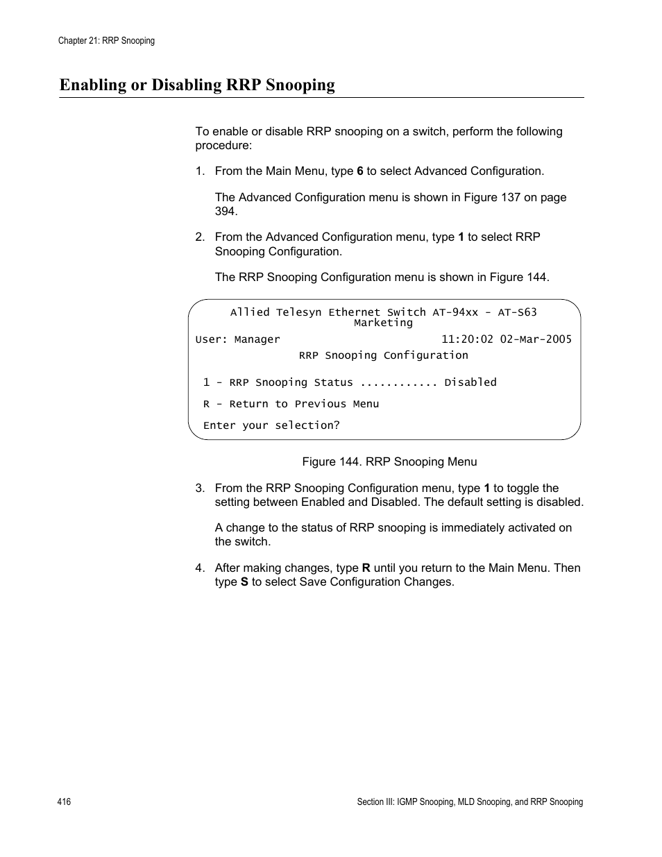 Enabling or disabling rrp snooping, Figure 144: rrp snooping menu | Allied Telesis AT-S63 User Manual | Page 416 / 902