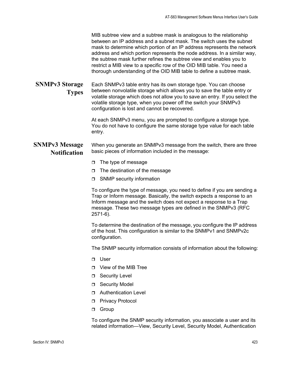 Snmpv3 storage types, Snmpv3 message notification, Snmpv3 storage types snmpv3 message notification | Allied Telesis AT-S63 User Manual | Page 423 / 902