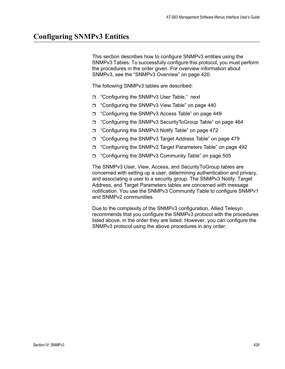 Configuring snmpv3 entities | Allied Telesis AT-S63 User Manual | Page 429 / 902