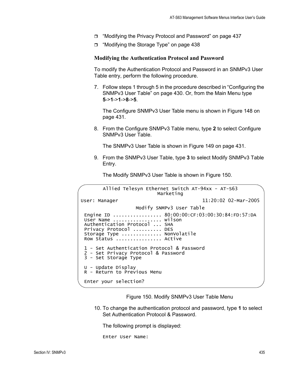 Figure 150: modify snmpv3 user table menu | Allied Telesis AT-S63 User Manual | Page 435 / 902