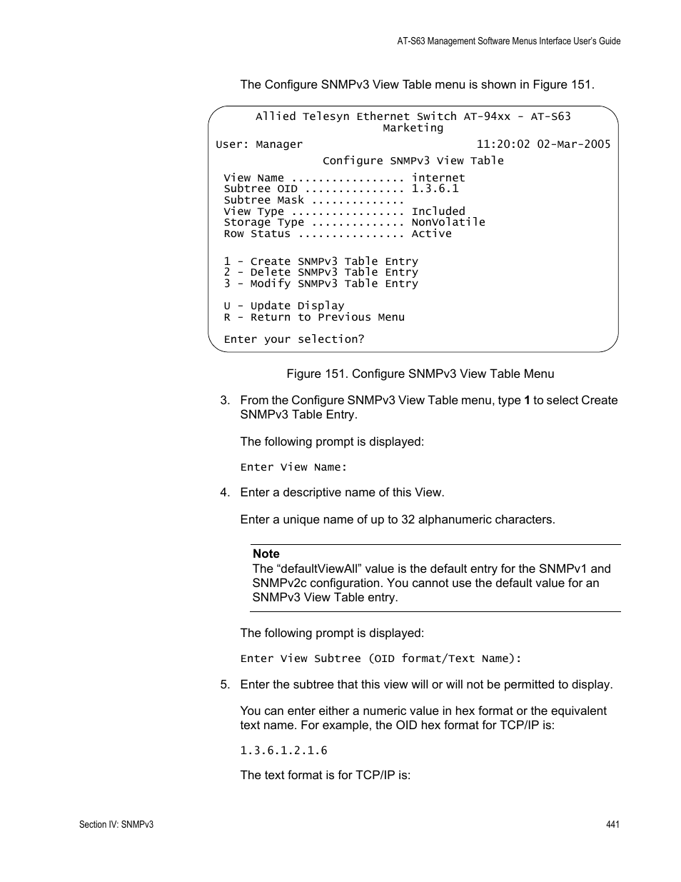 Figure 151: configure snmpv3 view table menu | Allied Telesis AT-S63 User Manual | Page 441 / 902