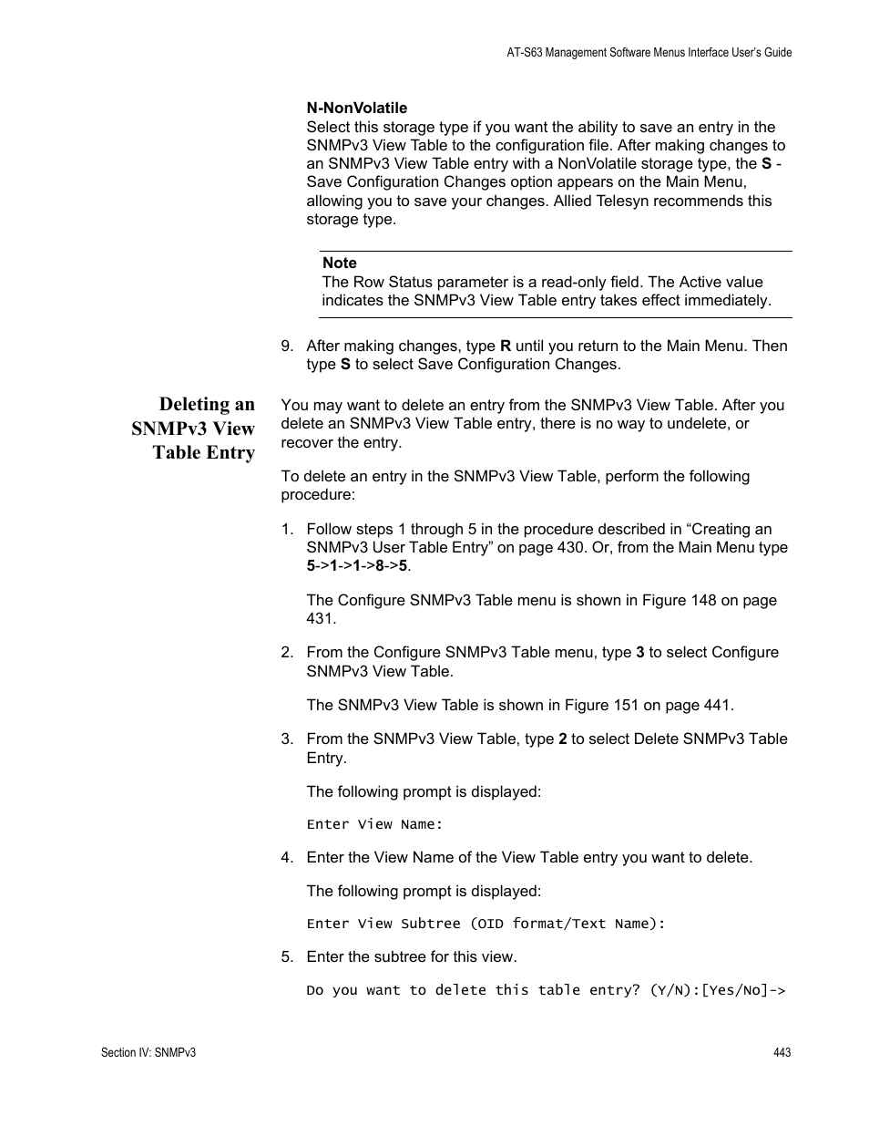 Deleting an snmpv3 view table entry | Allied Telesis AT-S63 User Manual | Page 443 / 902