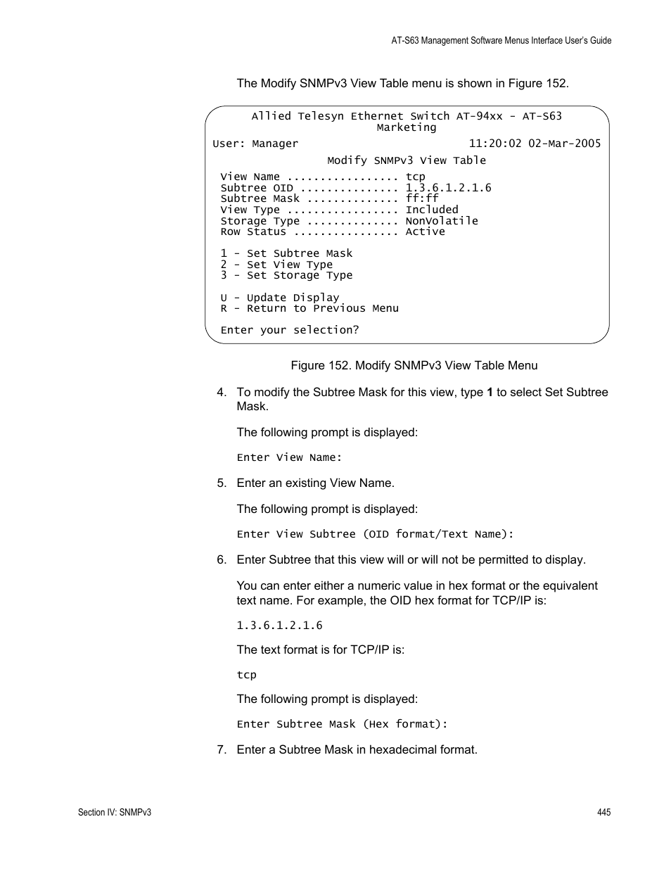 Figure 152: modify snmpv3 view table menu | Allied Telesis AT-S63 User Manual | Page 445 / 902