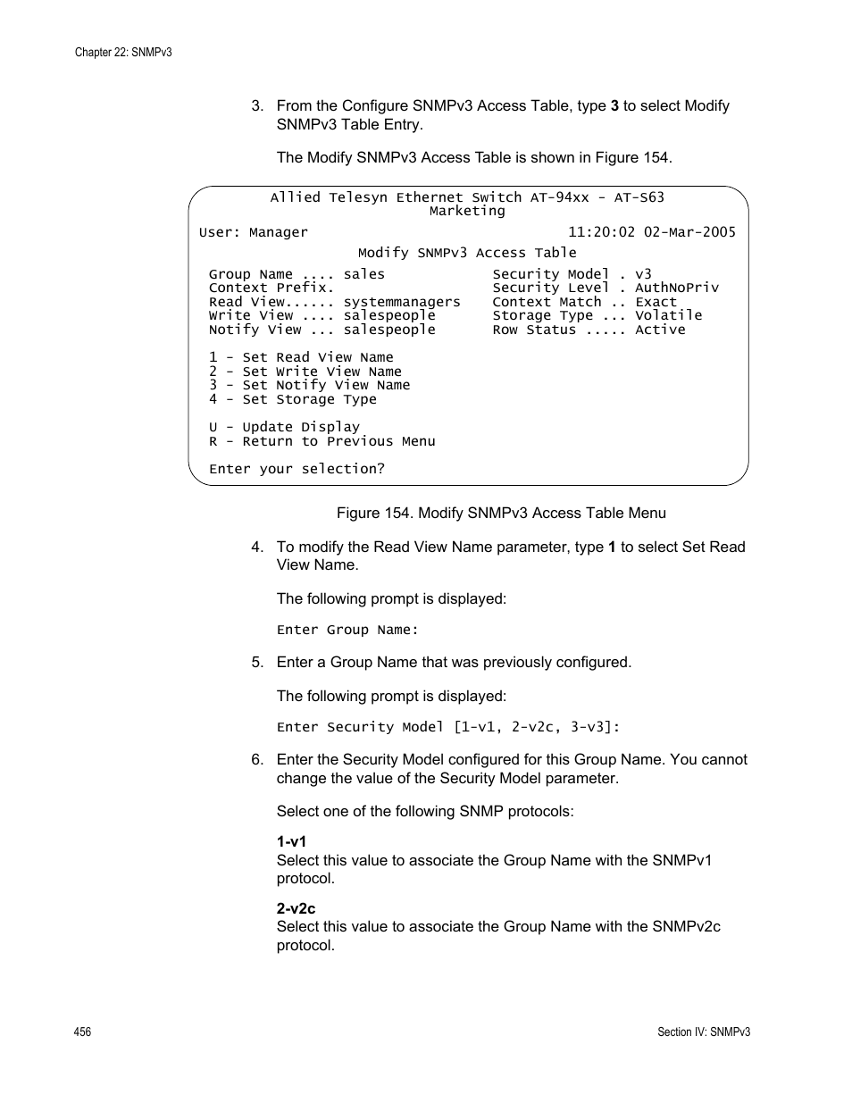 Figure 154: modify snmpv3 access table menu | Allied Telesis AT-S63 User Manual | Page 456 / 902