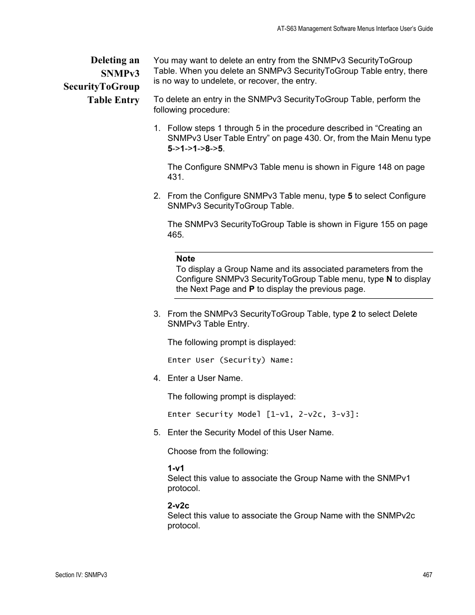 Deleting an snmpv3 securitytogroup table entry | Allied Telesis AT-S63 User Manual | Page 467 / 902