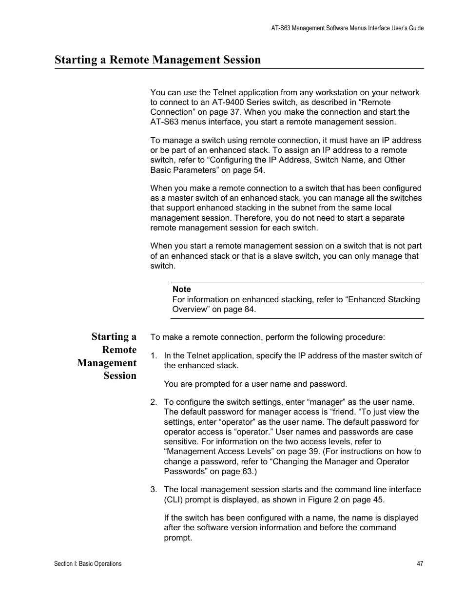 Starting a remote management session | Allied Telesis AT-S63 User Manual | Page 47 / 902