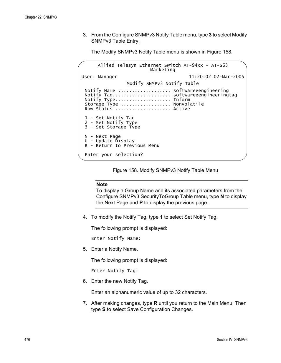 Figure 158: modify snmpv3 notify table menu | Allied Telesis AT-S63 User Manual | Page 476 / 902