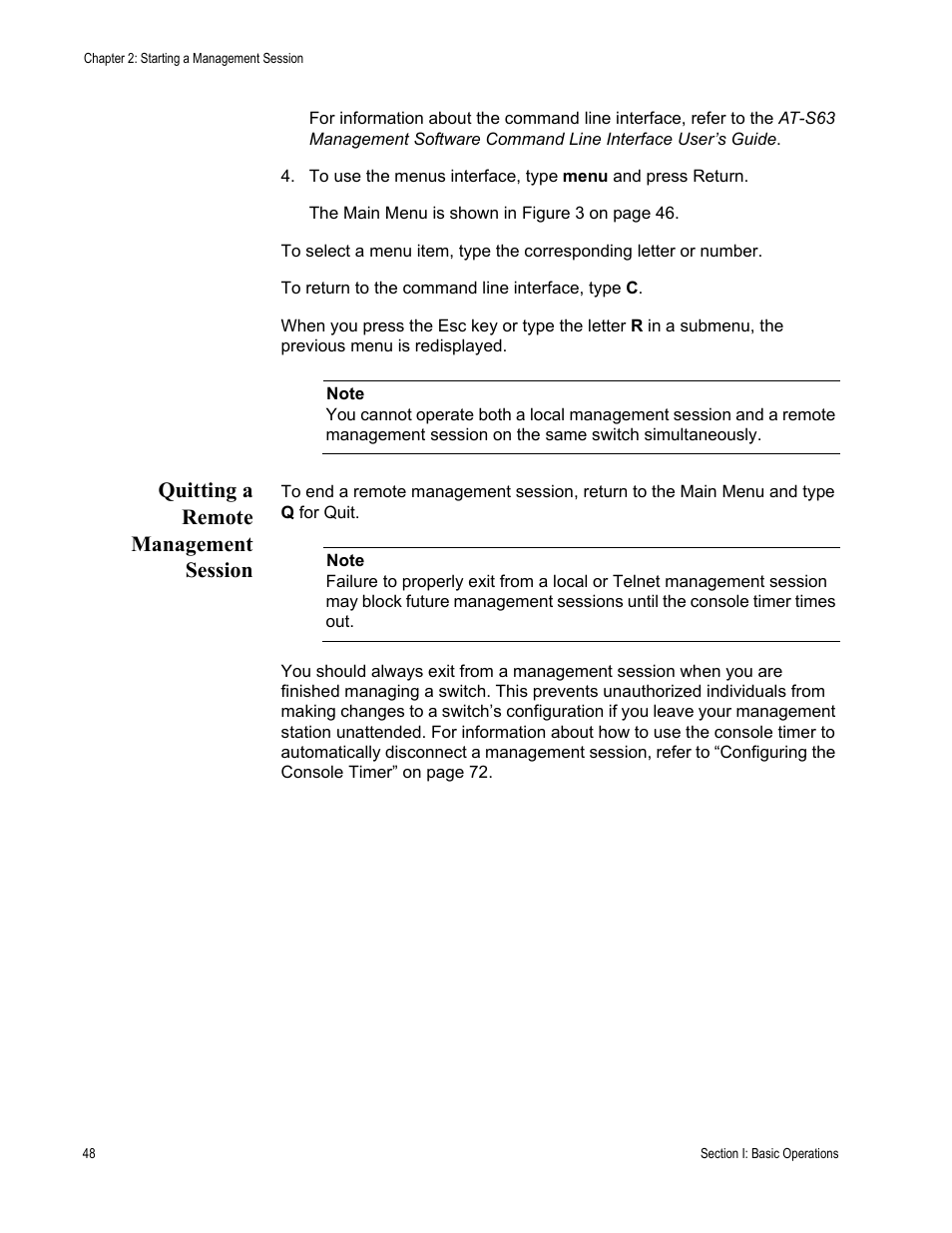 Quitting a remote management session | Allied Telesis AT-S63 User Manual | Page 48 / 902