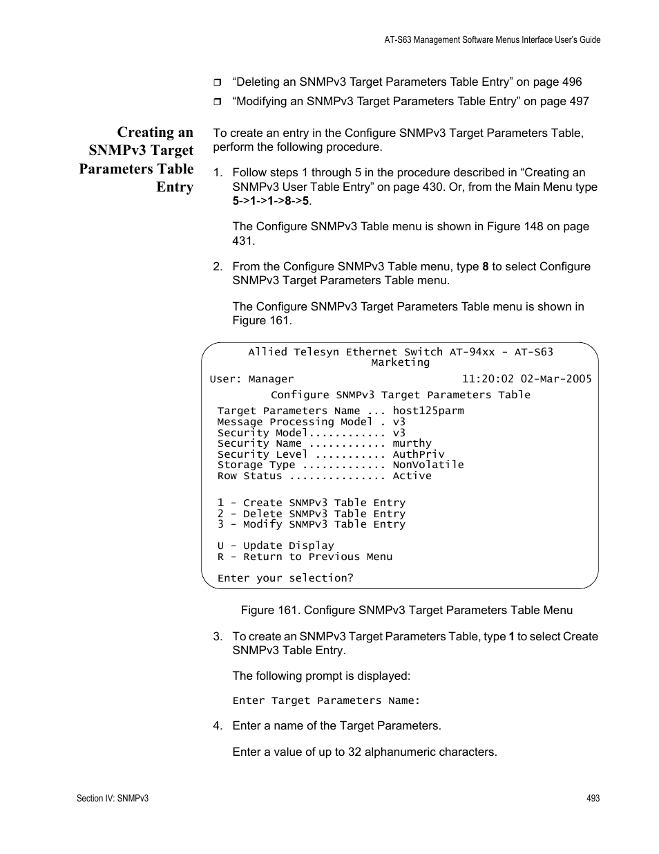 Creating an snmpv3 target parameters table entry | Allied Telesis AT-S63 User Manual | Page 493 / 902