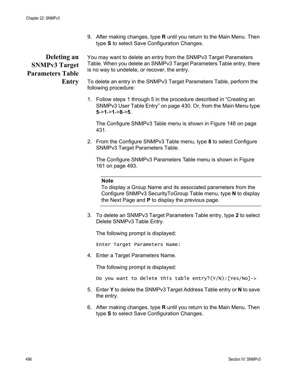 Deleting an snmpv3 target parameters table entry | Allied Telesis AT-S63 User Manual | Page 496 / 902