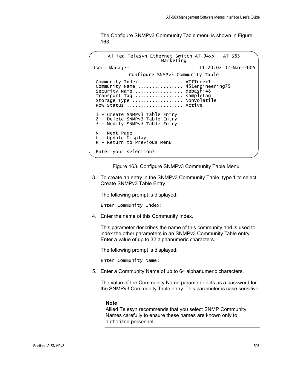 Figure 163: configure snmpv3 community table menu | Allied Telesis AT-S63 User Manual | Page 507 / 902