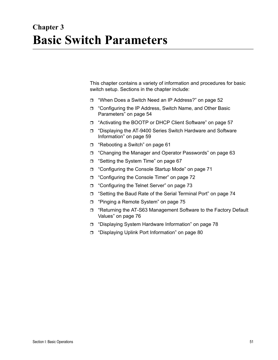 Chapter 3, Basic switch parameters, Chapter 3: basic switch parameters | Allied Telesis AT-S63 User Manual | Page 51 / 902