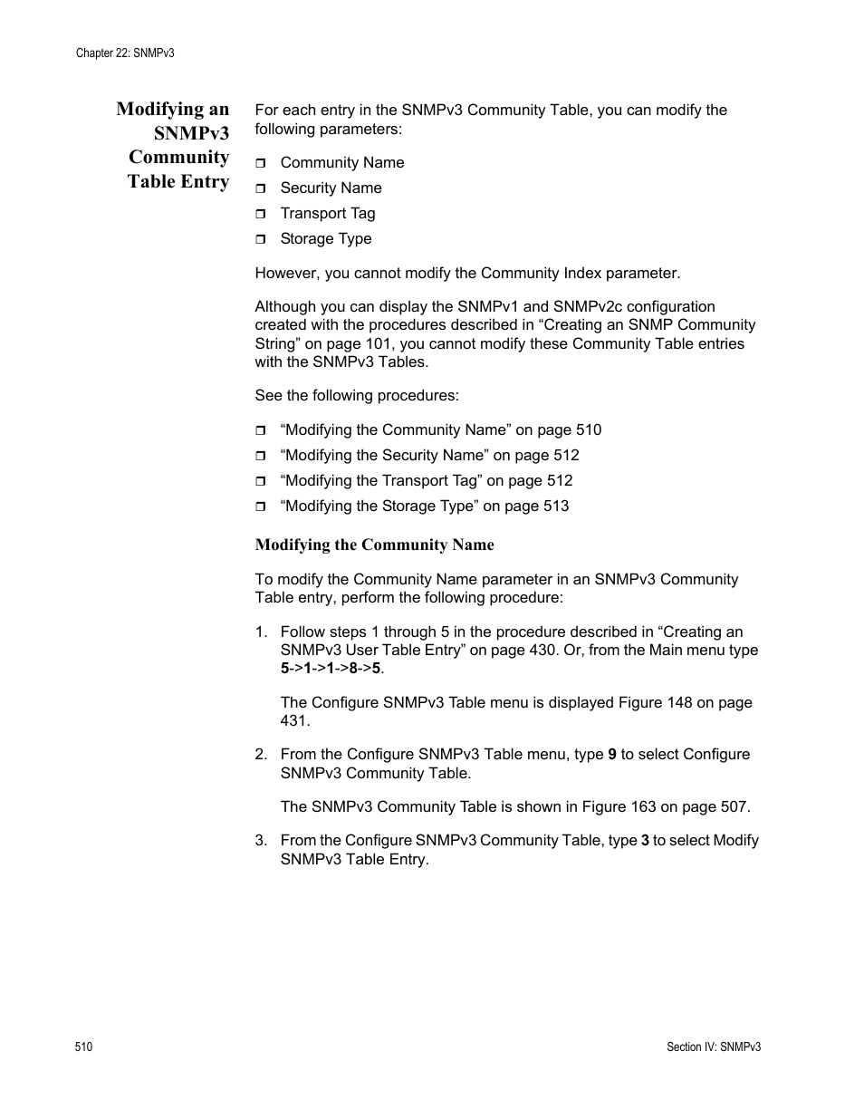 Modifying an snmpv3 community table entry | Allied Telesis AT-S63 User Manual | Page 510 / 902