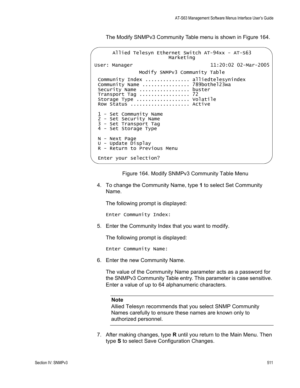 Figure 164: modify snmpv3 community table menu | Allied Telesis AT-S63 User Manual | Page 511 / 902