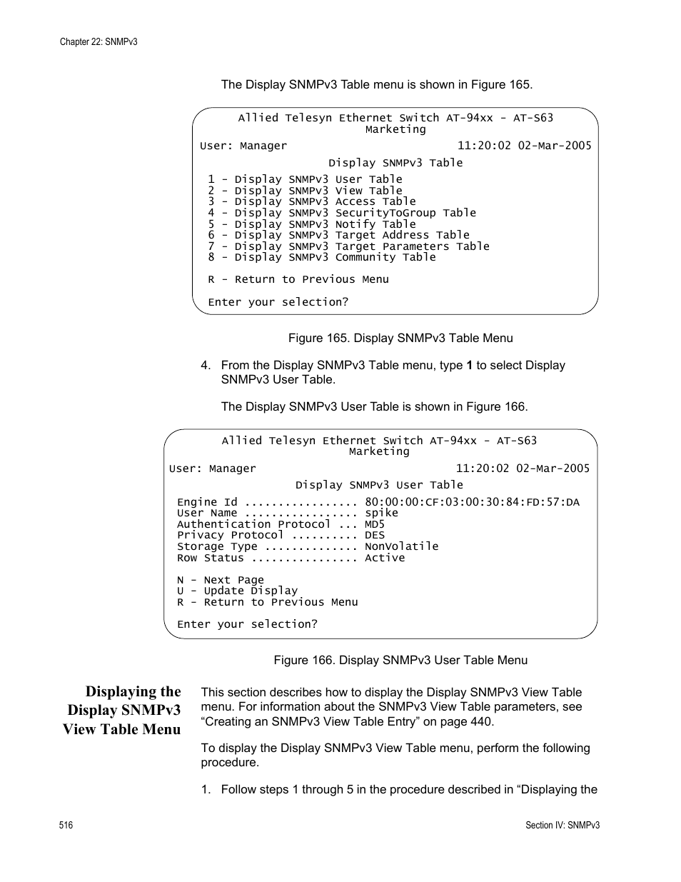 Displaying the display snmpv3 view table menu | Allied Telesis AT-S63 User Manual | Page 516 / 902