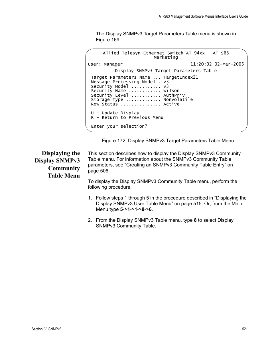 Displaying the display snmpv3 community table menu | Allied Telesis AT-S63 User Manual | Page 521 / 902