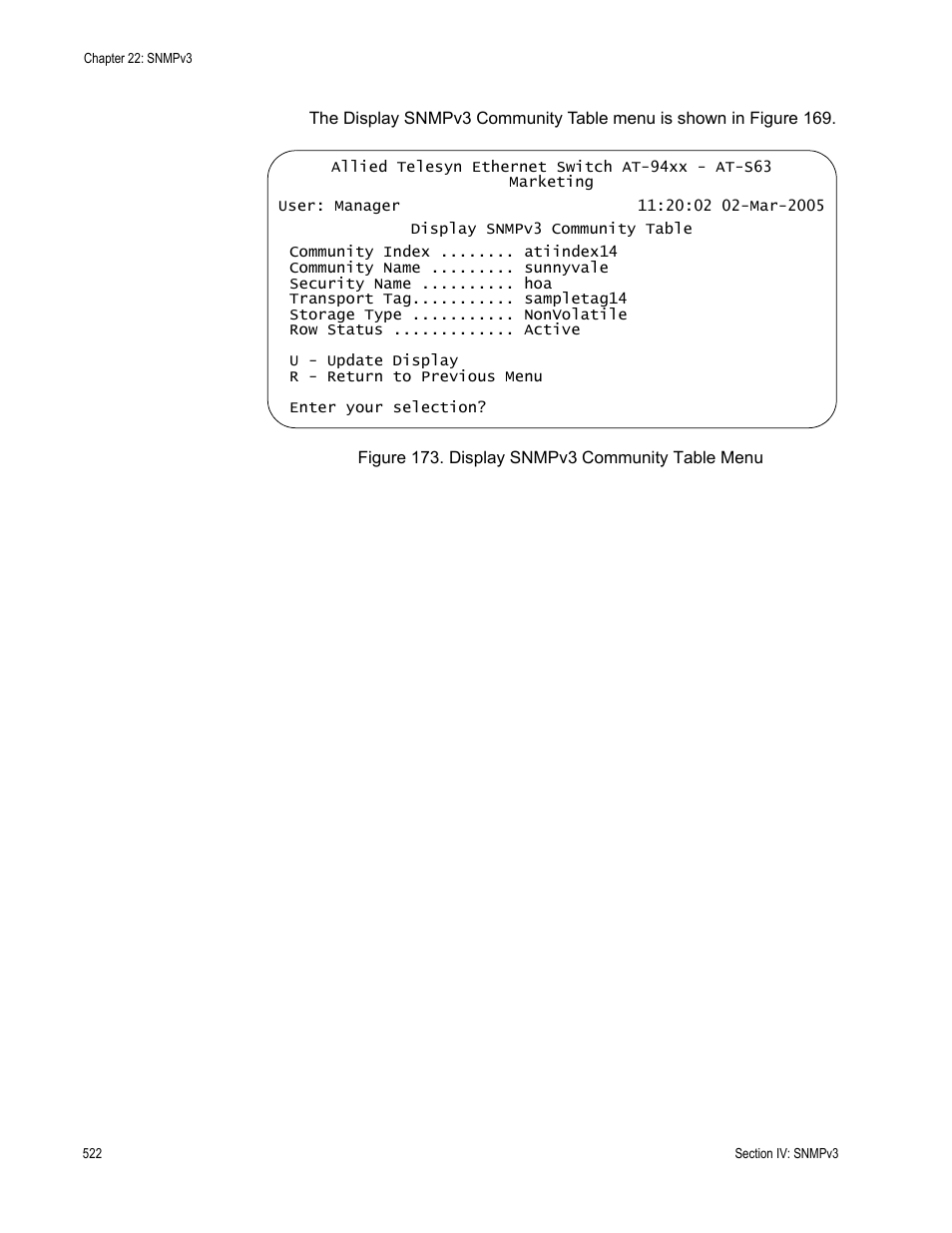 Figure 173: display snmpv3 community table menu | Allied Telesis AT-S63 User Manual | Page 522 / 902