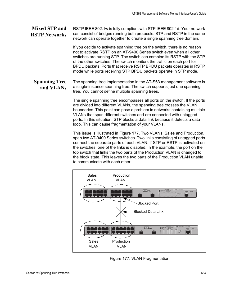 Mixed stp and rstp networks, Spanning tree and vlans, Figure 177: vlan fragmentation | Class 1 laser product, L/a d/c d/c l/a d/c l/a | Allied Telesis AT-S63 User Manual | Page 533 / 902