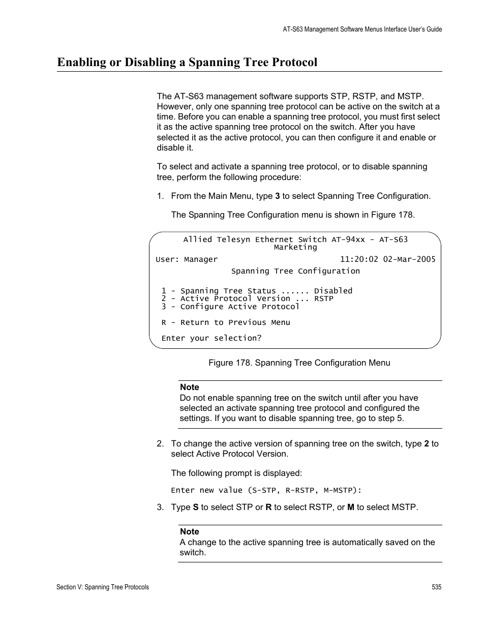 Enabling or disabling a spanning tree protocol, Figure 178: spanning tree configuration menu | Allied Telesis AT-S63 User Manual | Page 535 / 902