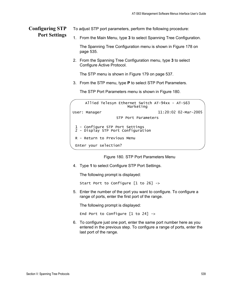 Configuring stp port settings, Figure 180: stp port parameters menu | Allied Telesis AT-S63 User Manual | Page 539 / 902