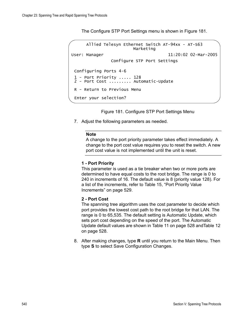 Figure 181: configure stp port settings menu | Allied Telesis AT-S63 User Manual | Page 540 / 902