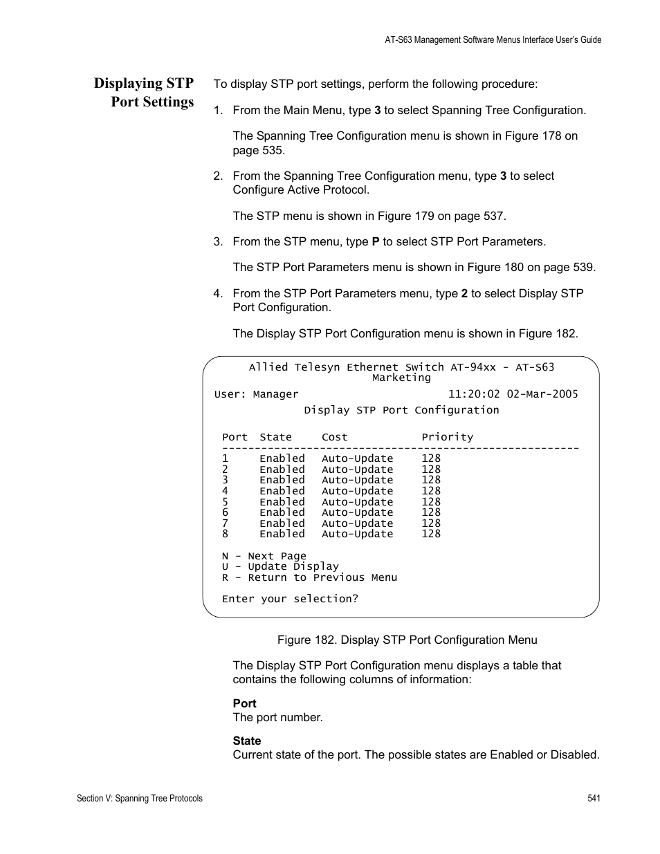 Displaying stp port settings, Figure 182: display stp port configuration menu | Allied Telesis AT-S63 User Manual | Page 541 / 902