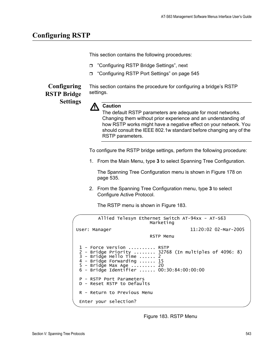 Configuring rstp, Configuring rstp bridge settings, Figure 183: rstp menu | Allied Telesis AT-S63 User Manual | Page 543 / 902