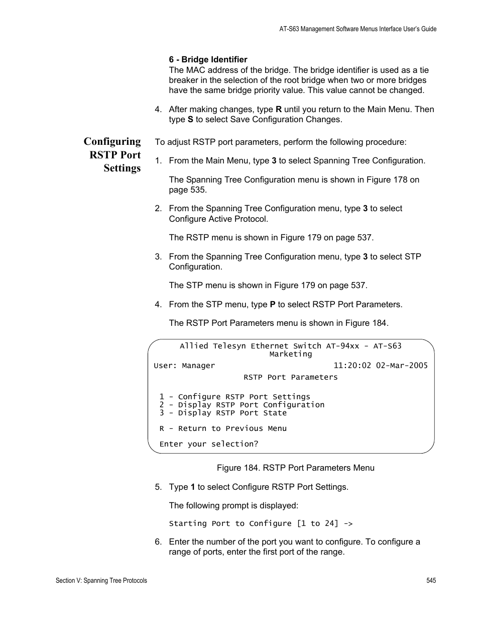 Configuring rstp port settings, Figure 184: rstp port parameters menu | Allied Telesis AT-S63 User Manual | Page 545 / 902