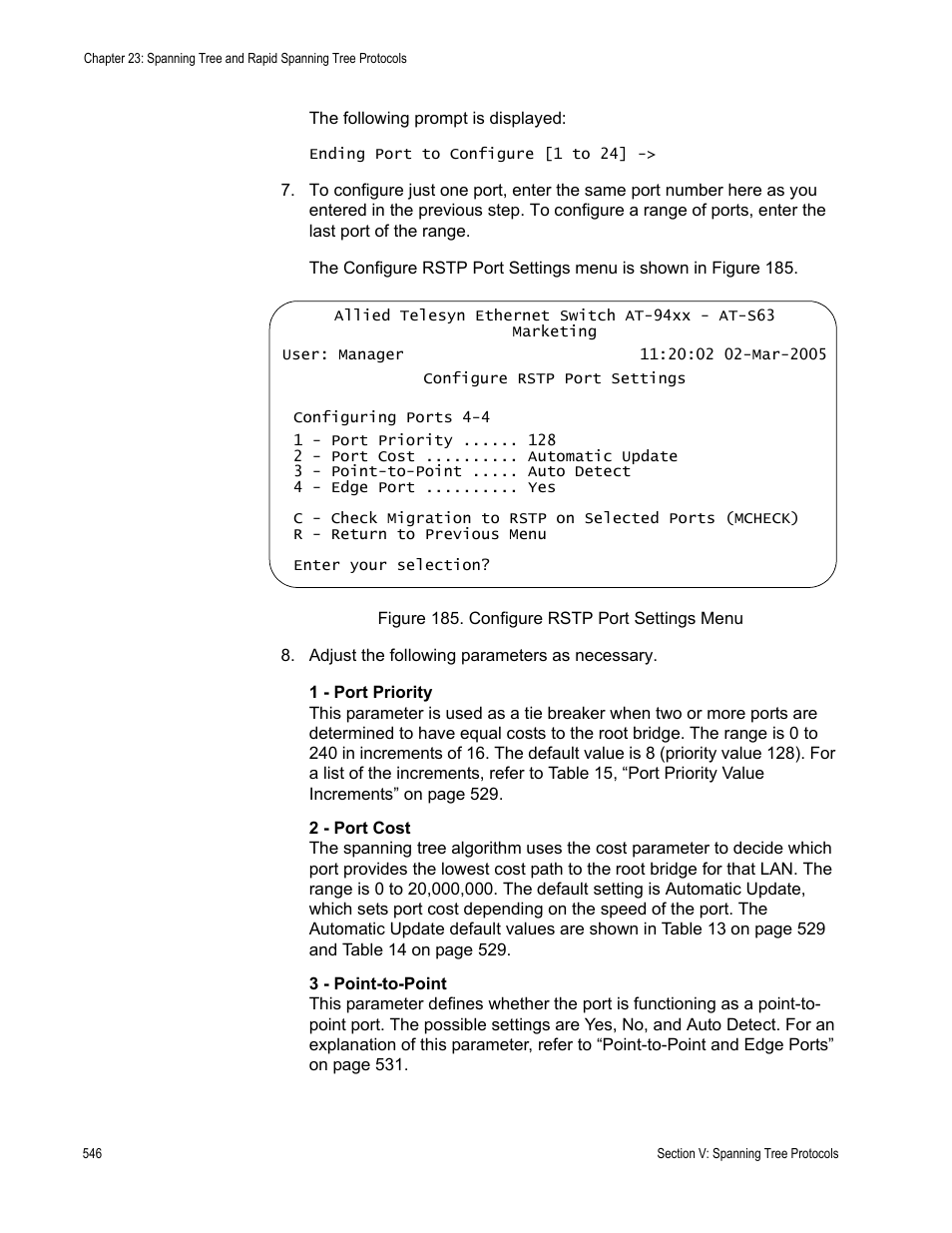 Figure 185: configure rstp port settings menu | Allied Telesis AT-S63 User Manual | Page 546 / 902