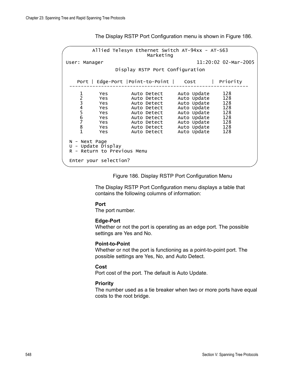 Figure 186: display rstp port configuration menu | Allied Telesis AT-S63 User Manual | Page 548 / 902