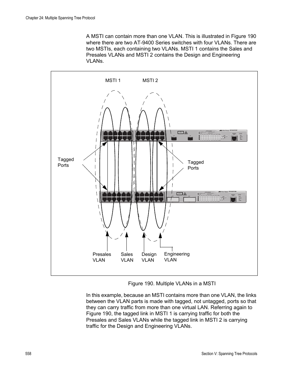 Figure 190: multiple vlans in a msti, Class 1 laser product, L/a d/c d/c l/a d/c l/a | Allied Telesis AT-S63 User Manual | Page 558 / 902